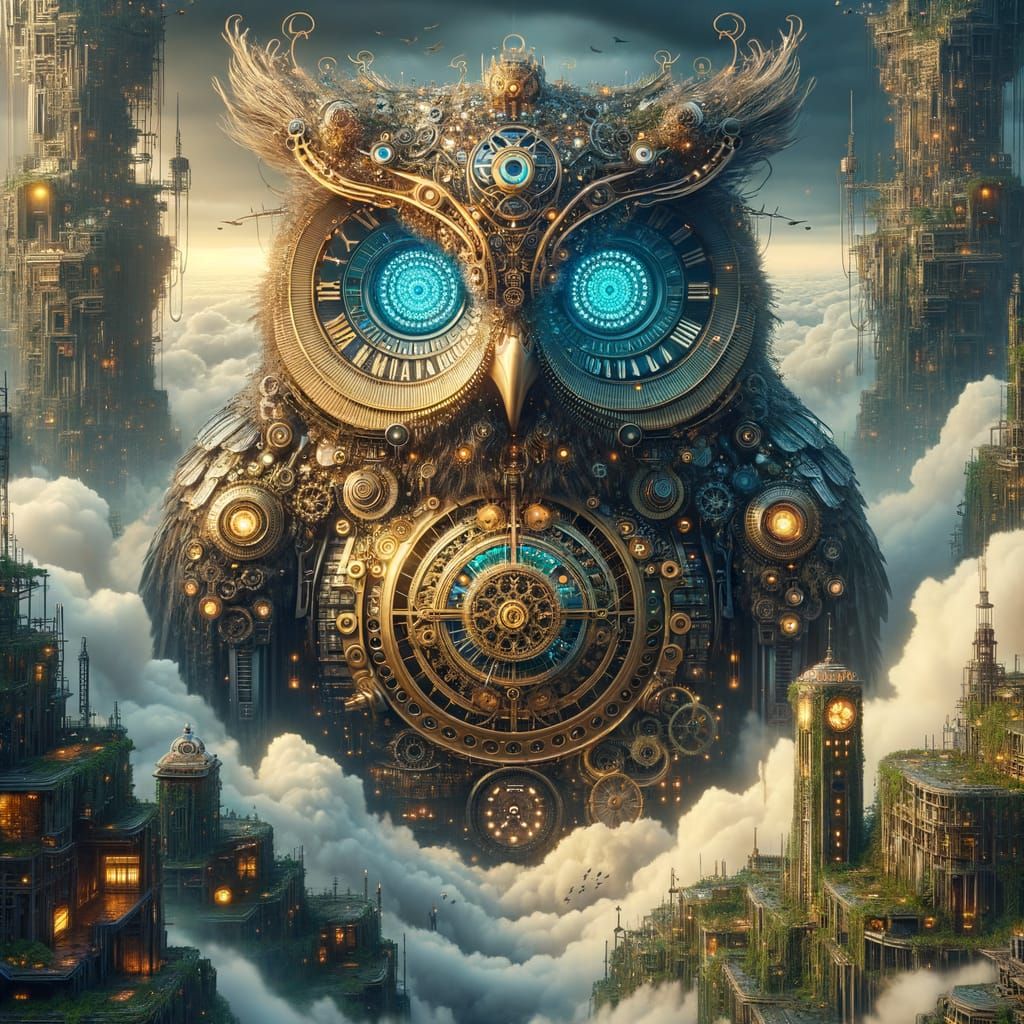 Giant Mechanical Owl on Clock Tower in Cyberpunk City