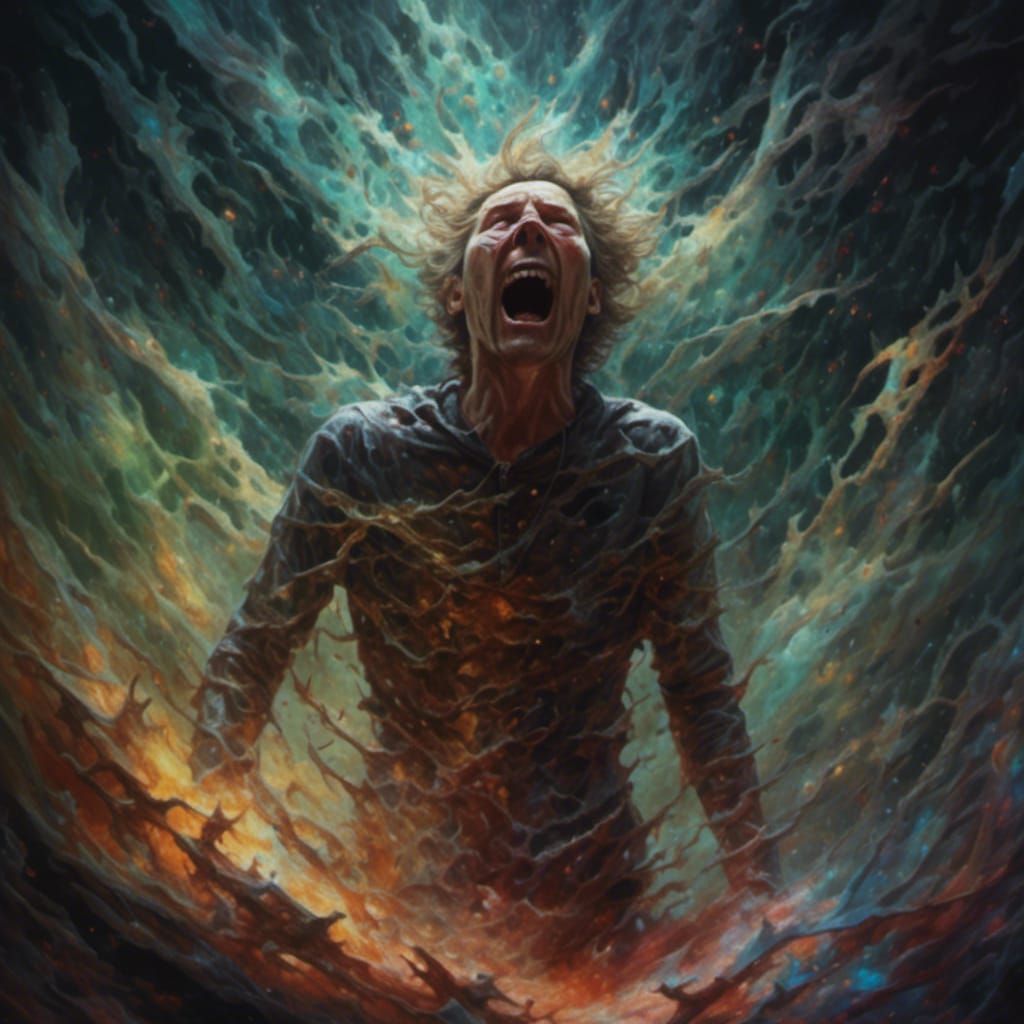 Agonized Man Trapped in Hyperreal UV Painting