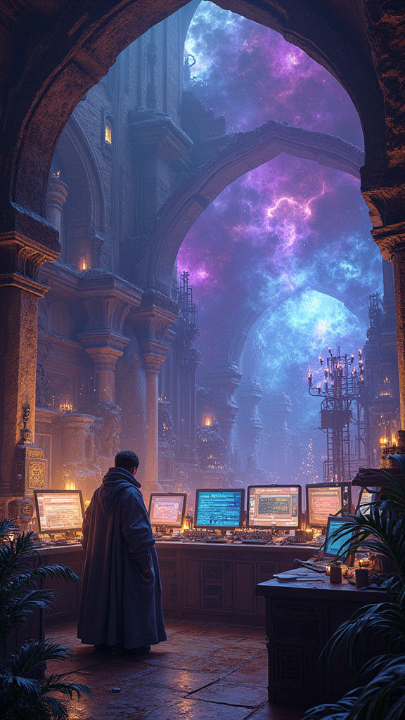 Mystical Cyberpunk Lab with Ancient Artifacts