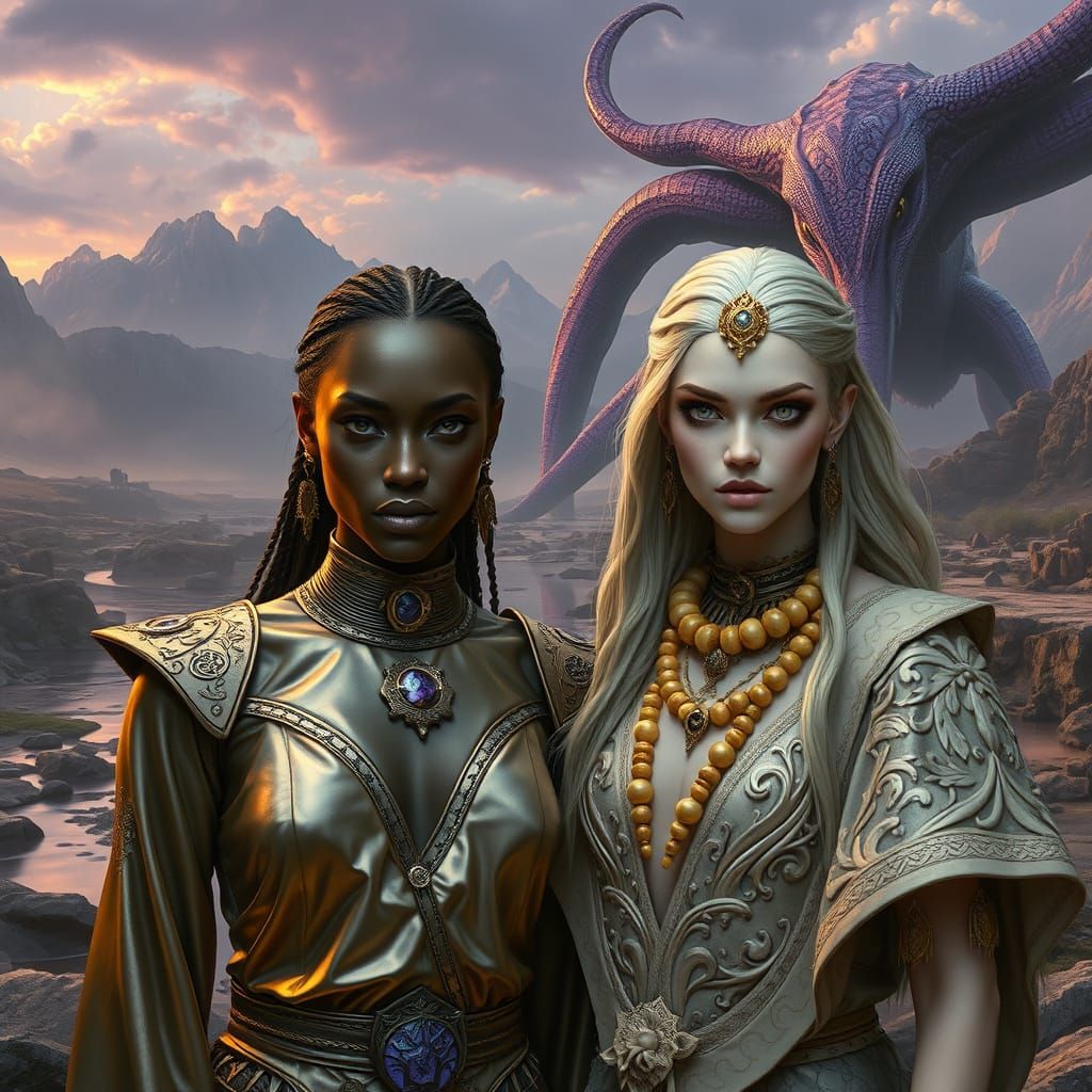 Fantasy Women in a Hyperdetailed Landscape