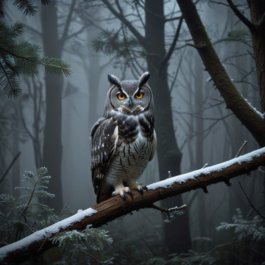 Mysterious Winter Owl in Foggy Forest at Night