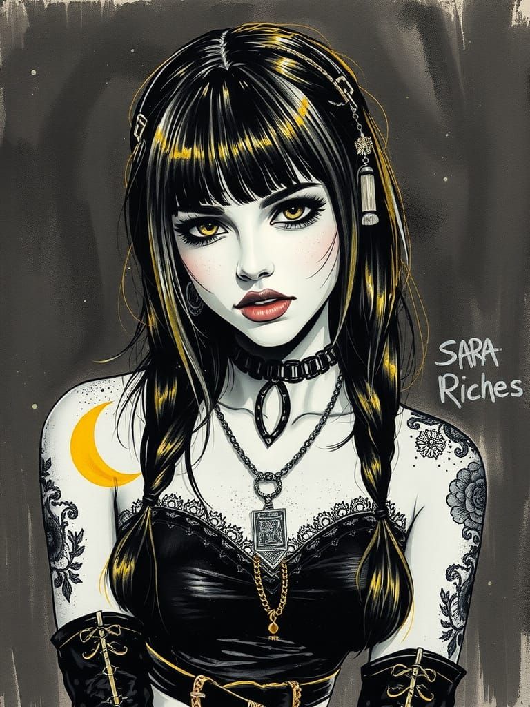 Goth Goddess in Golden Inkwash Portrait