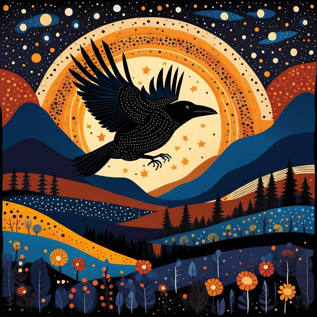 Raven in Starry Night Sky, Aboriginal Dot Art
