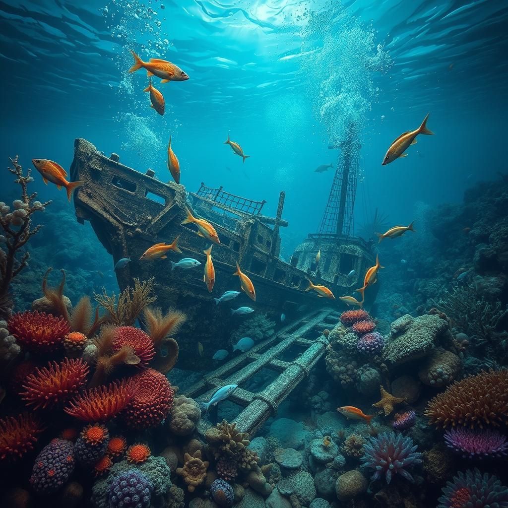 Underwater Shipwreck Scene with Fauna and Flora