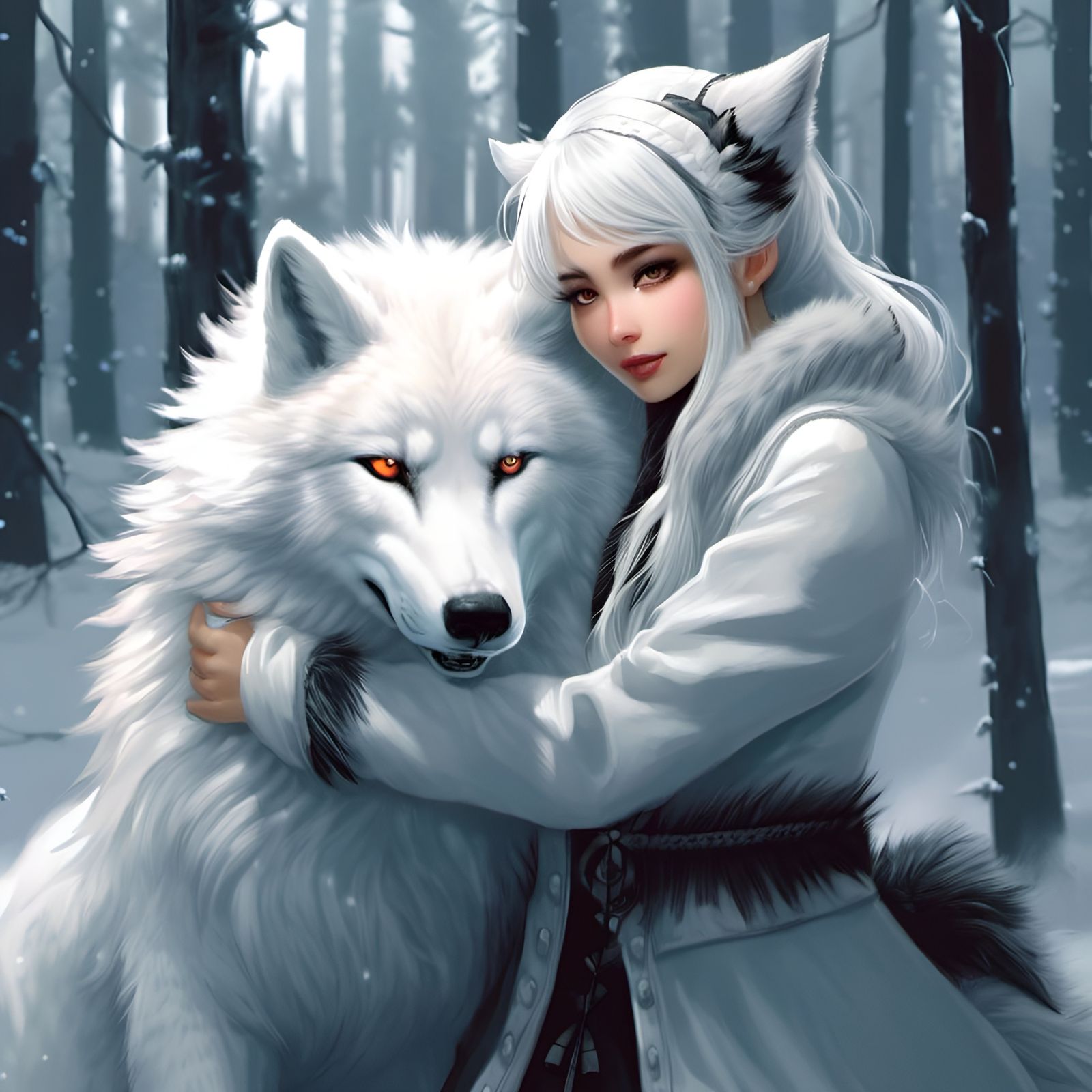 Anime Wolf Girl Hugging White Wolf in Forest