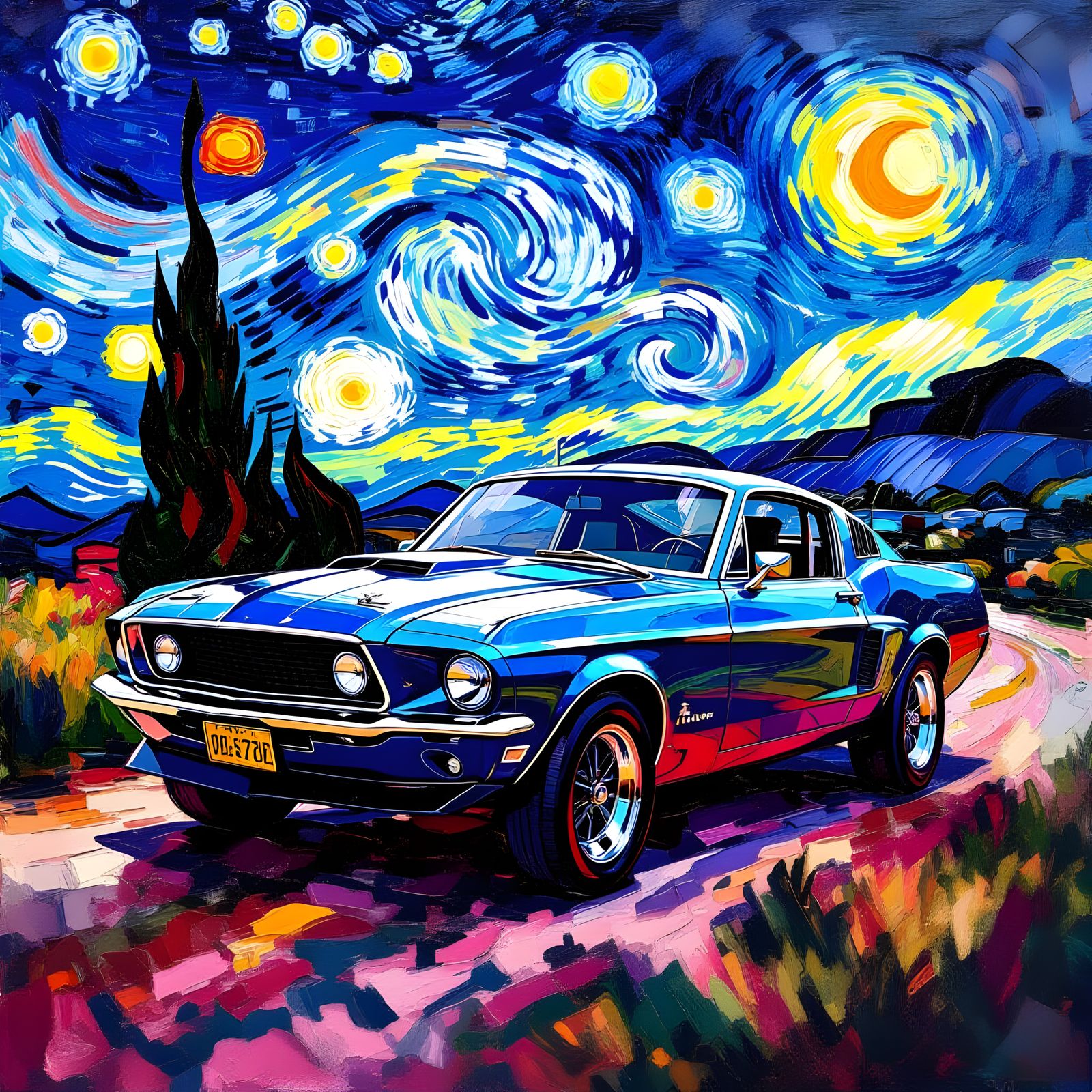 Vintage Muscle Car Painting in Impressionist Style