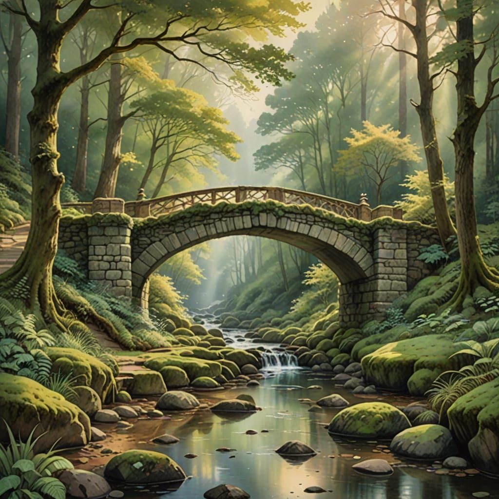 Whispering Stone Bridge in Enchanted Forest Watercolor