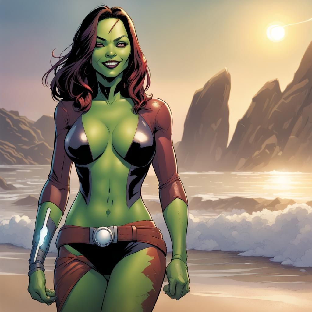 Gamora having fun at the beach