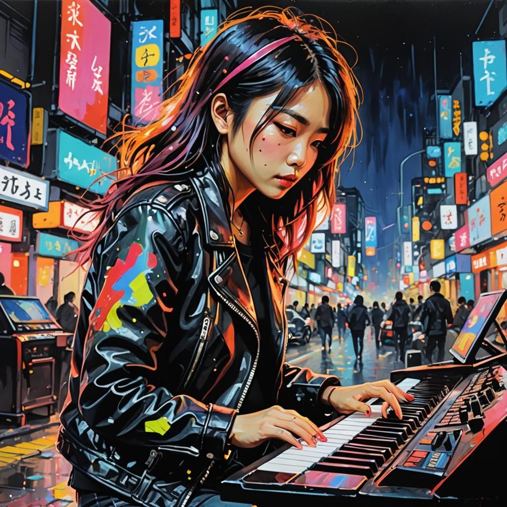 Japanese Rocker Keyboardist in Acrylic Painting Style