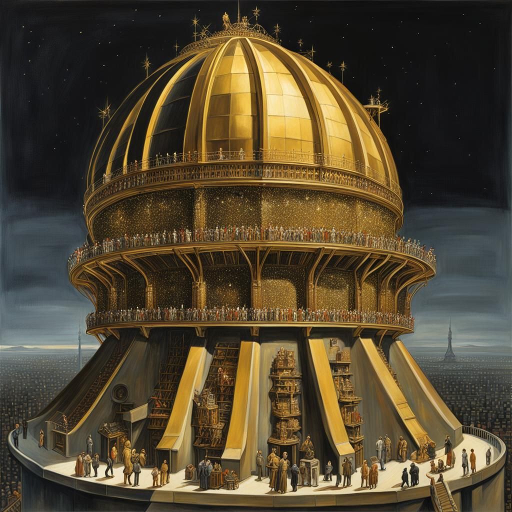 Gold Planetarium Tower at Night in Art Deco Style