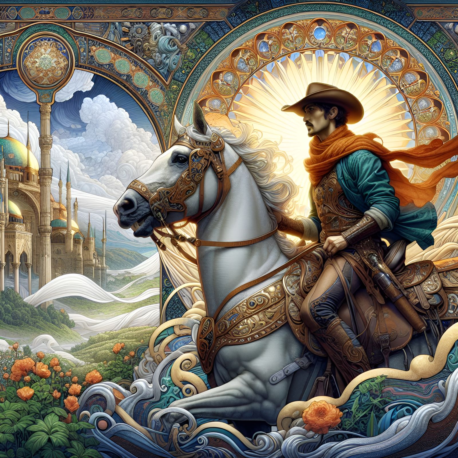 Middle-Eastern Cowgirl in Art Nouveau Landscape