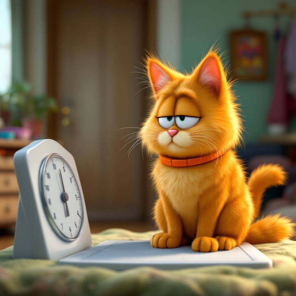 Plump Cat's Weight Scale Terror in Pixar Style