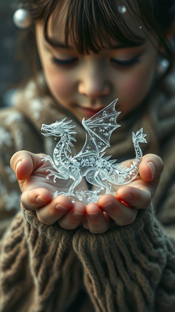 Girl Holds Delicate Dragon Made of Snowflakes in Fairytale R...