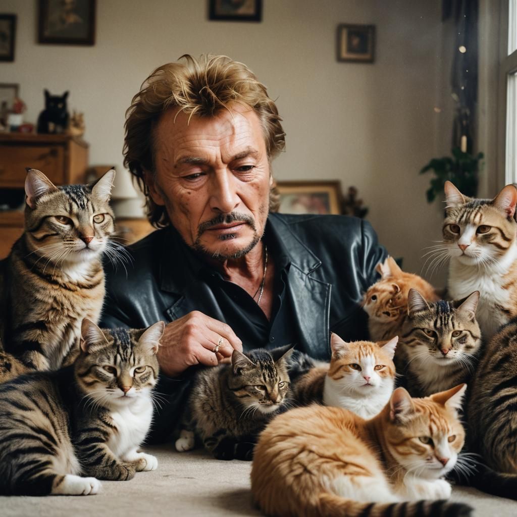 Johnny Hallyday Surrounded by Cats: Portrait Photography