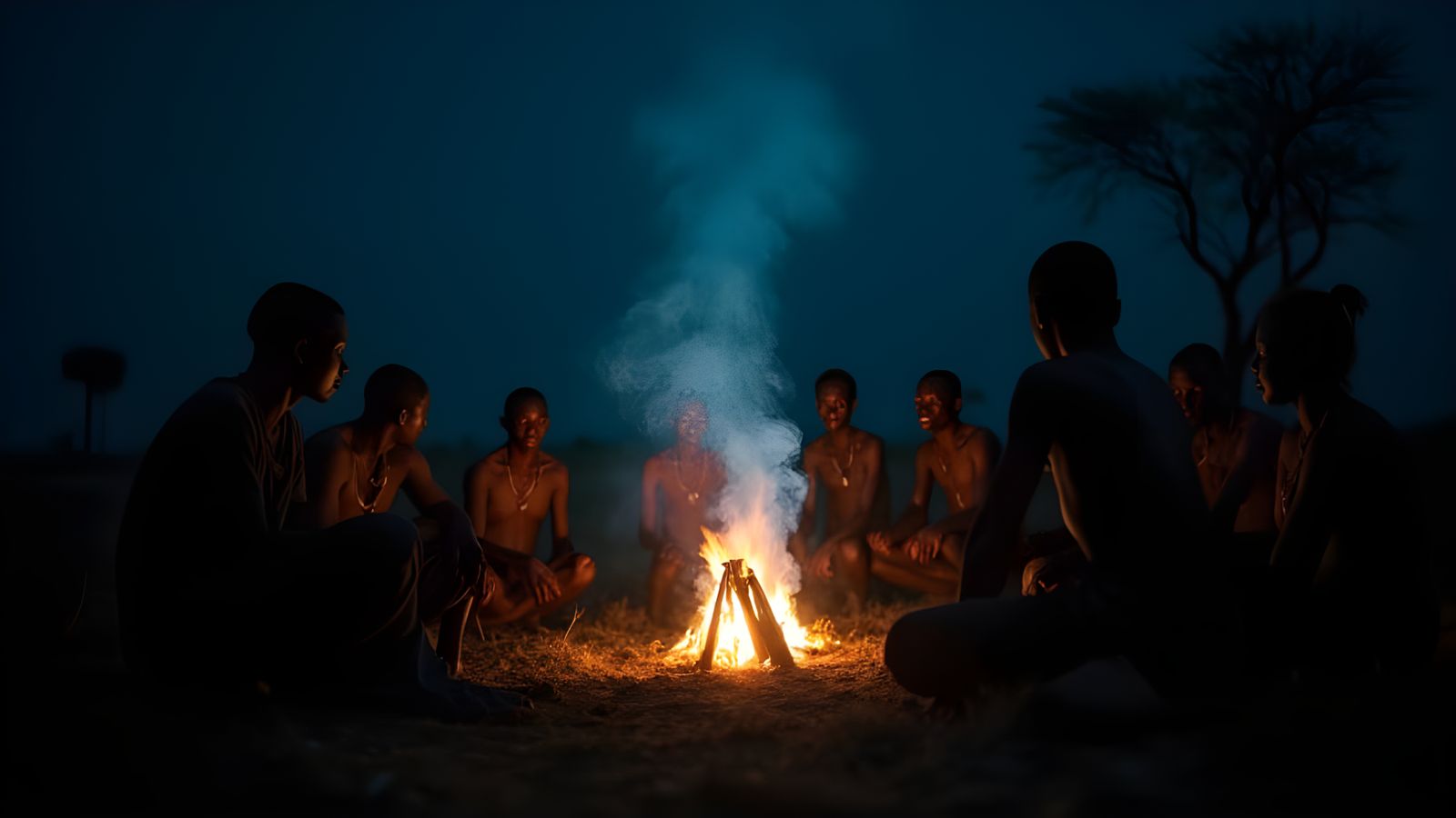 African Villagers' Night Confessions in Drifting Smoke