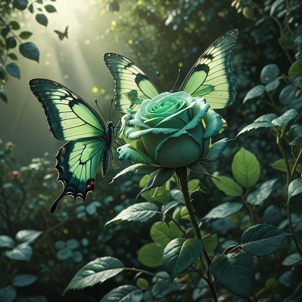 Green Rose and Butterfly in Lush Garden