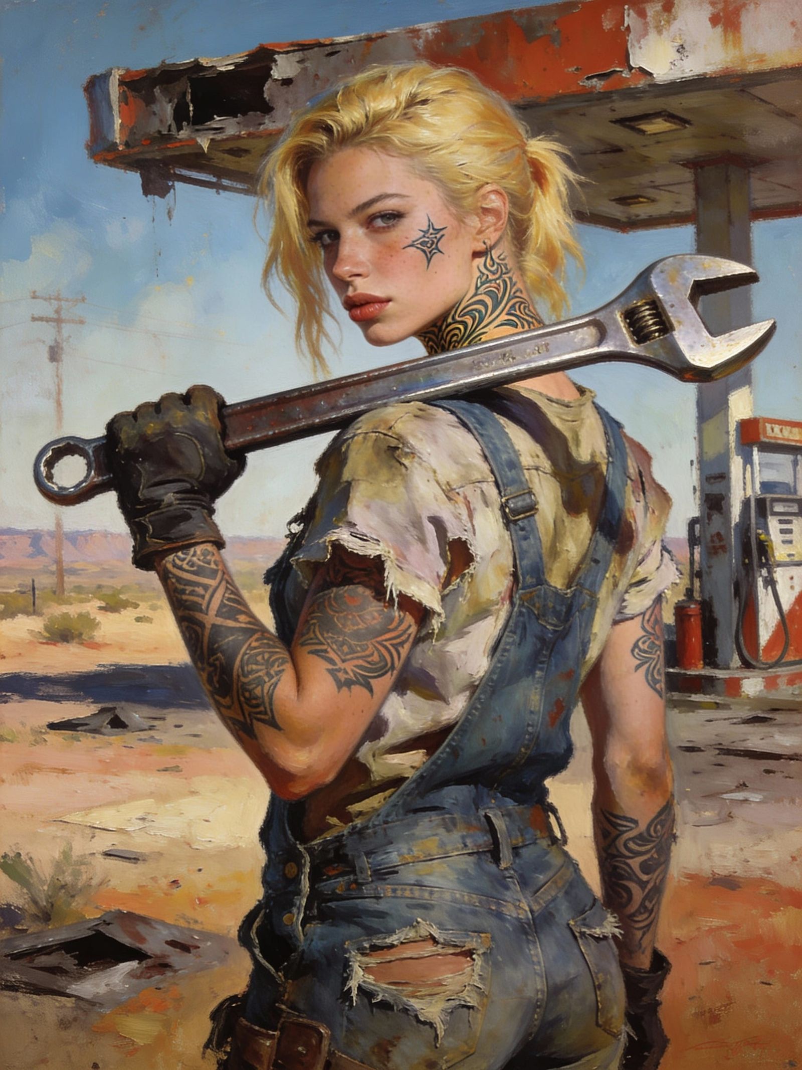 Post-Apocalyptic Woman With Wrench in Gritty Oil Painting St...