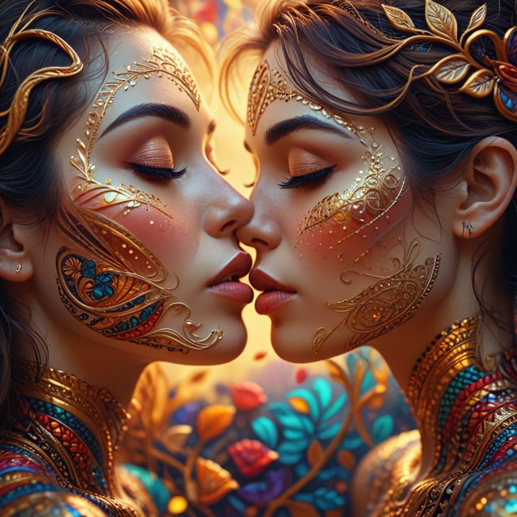 Women Kiss in Zentangle-Inspired Digital Art