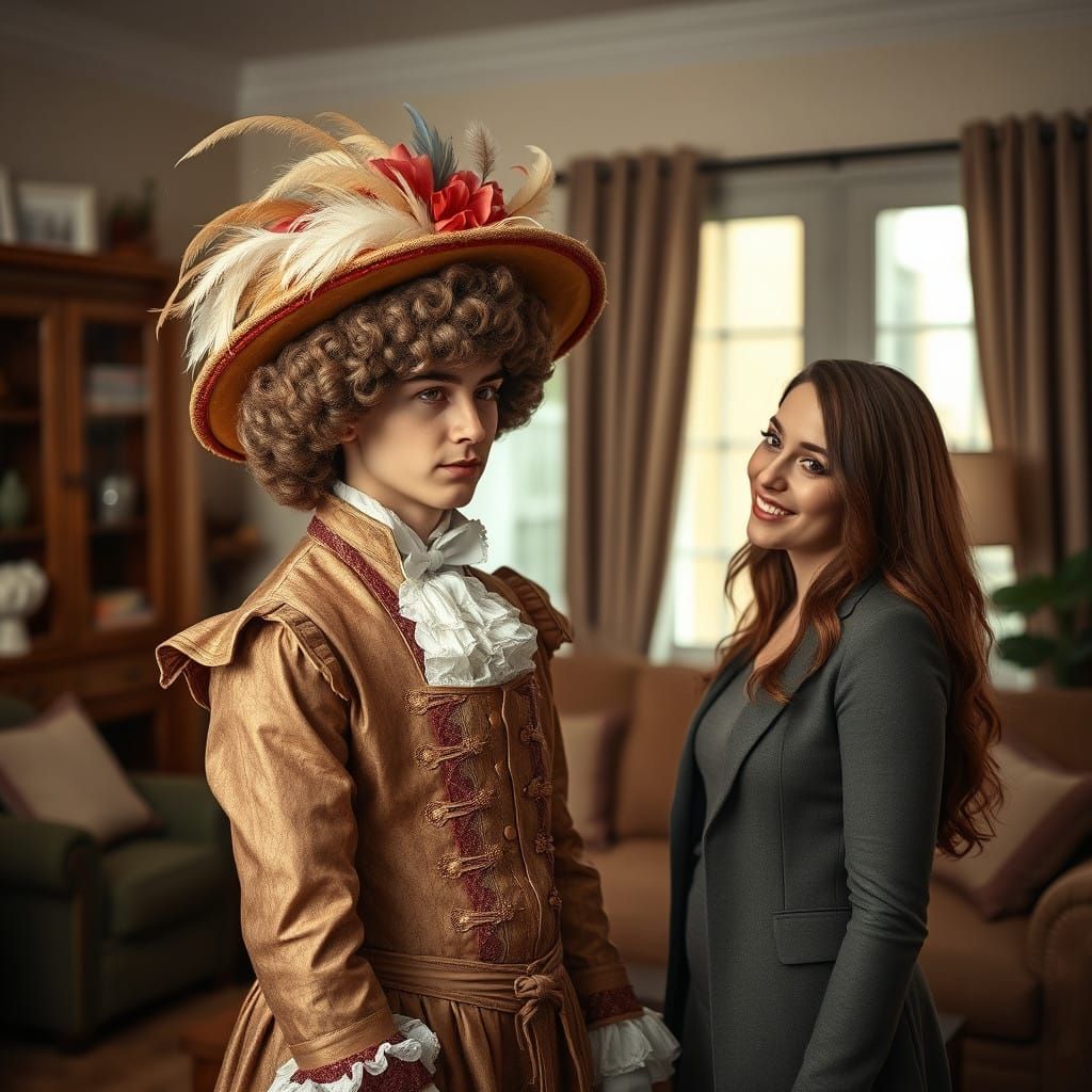 Elegant Gentleman Dressed as 19th Century Doll in Cozy Livin...