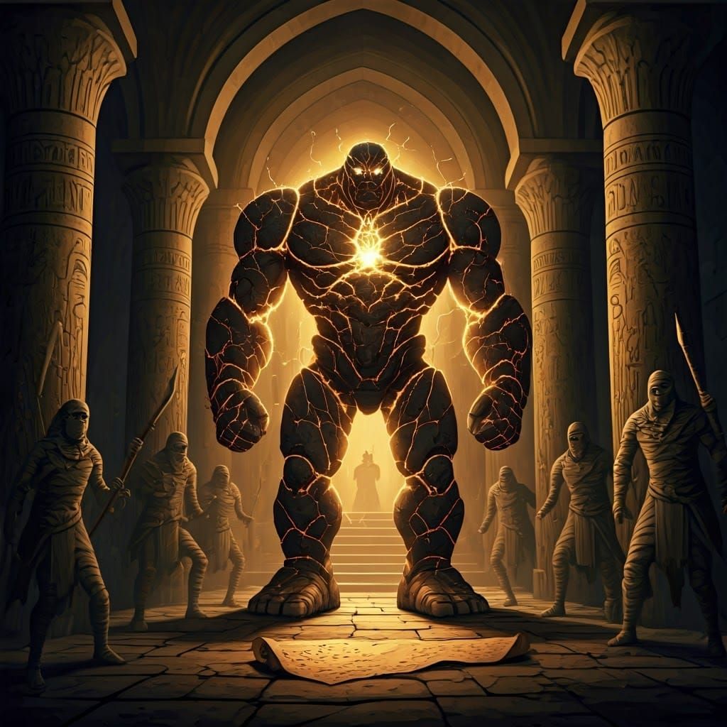 Golem Guards Mummies in Jewel Crypt, Fantasy Art