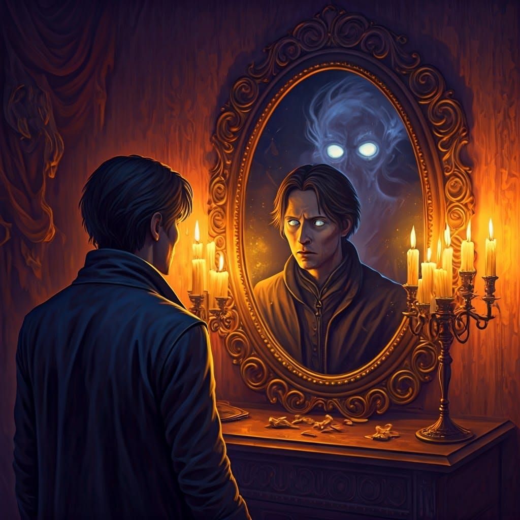 Ghostly Reflection in Ornate Mirror, Dark Fantasy Art