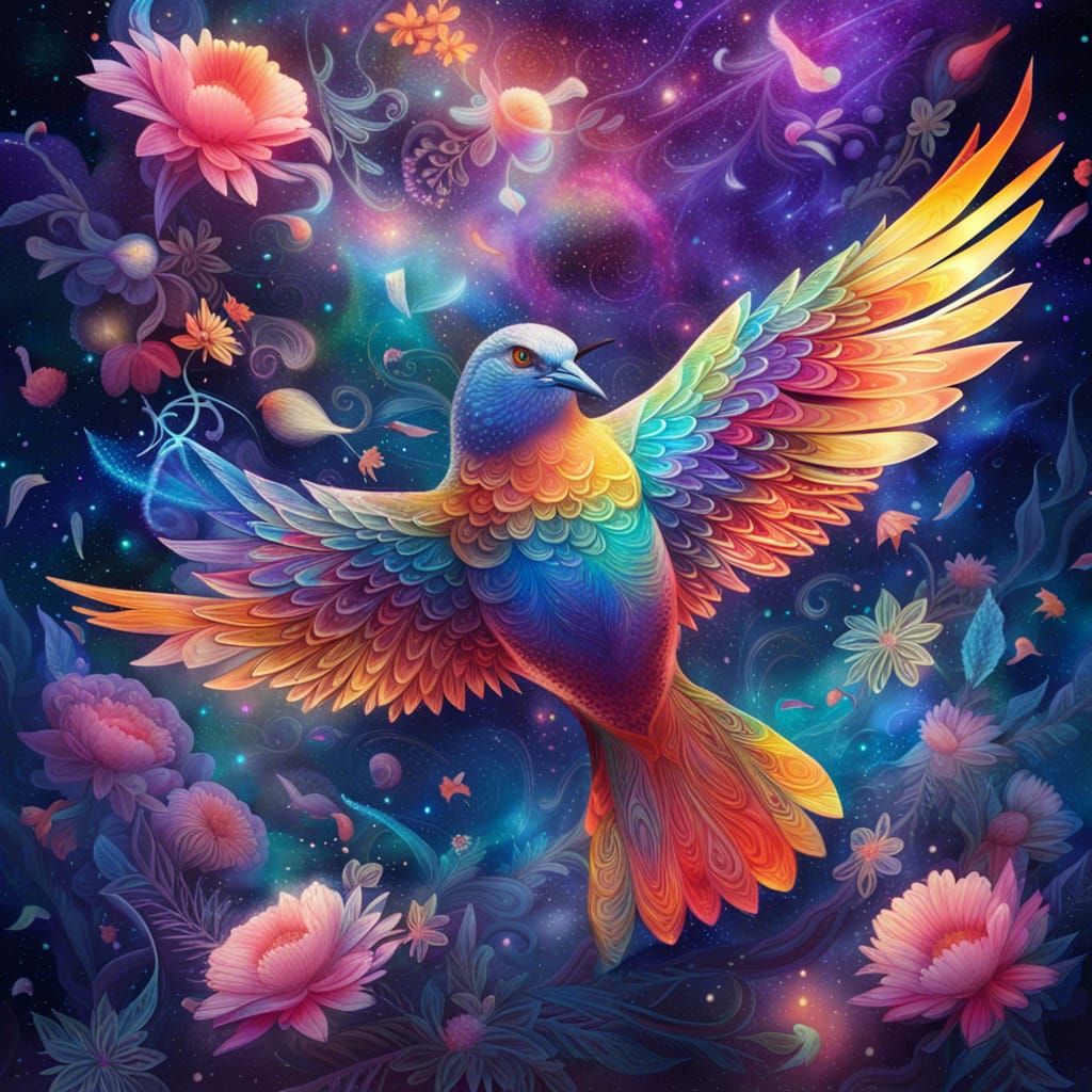 Floral Bird in Flight: Holographic Cosmic Illustration