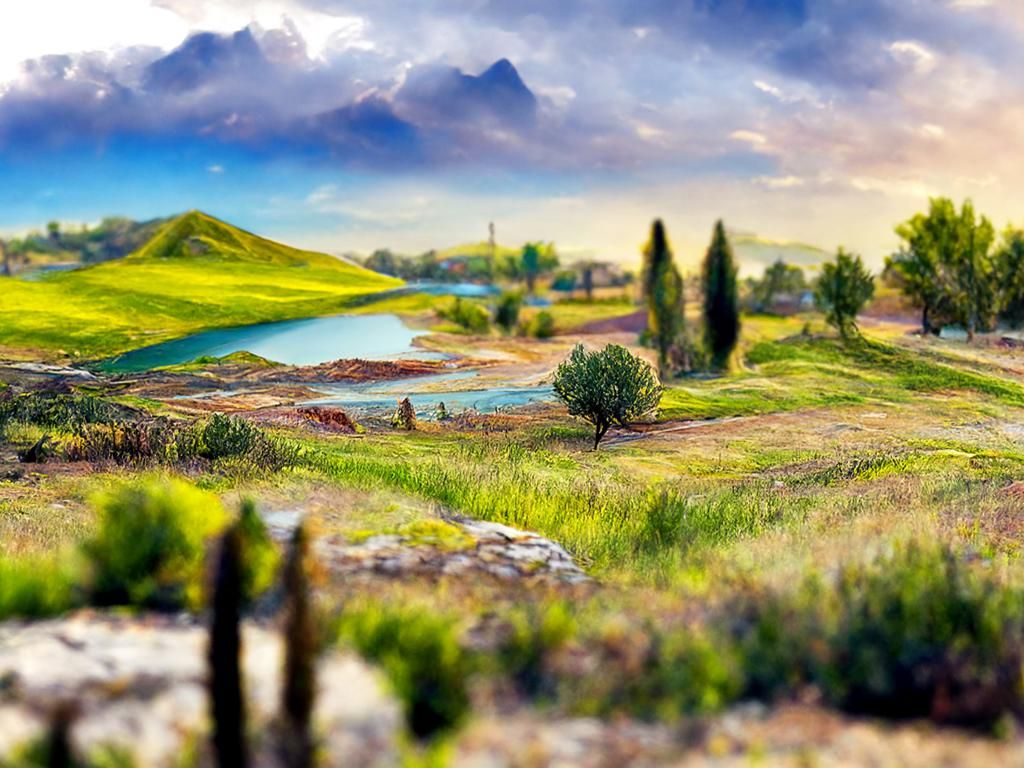 Figurative Landscape Vista in 3D Rendered Style