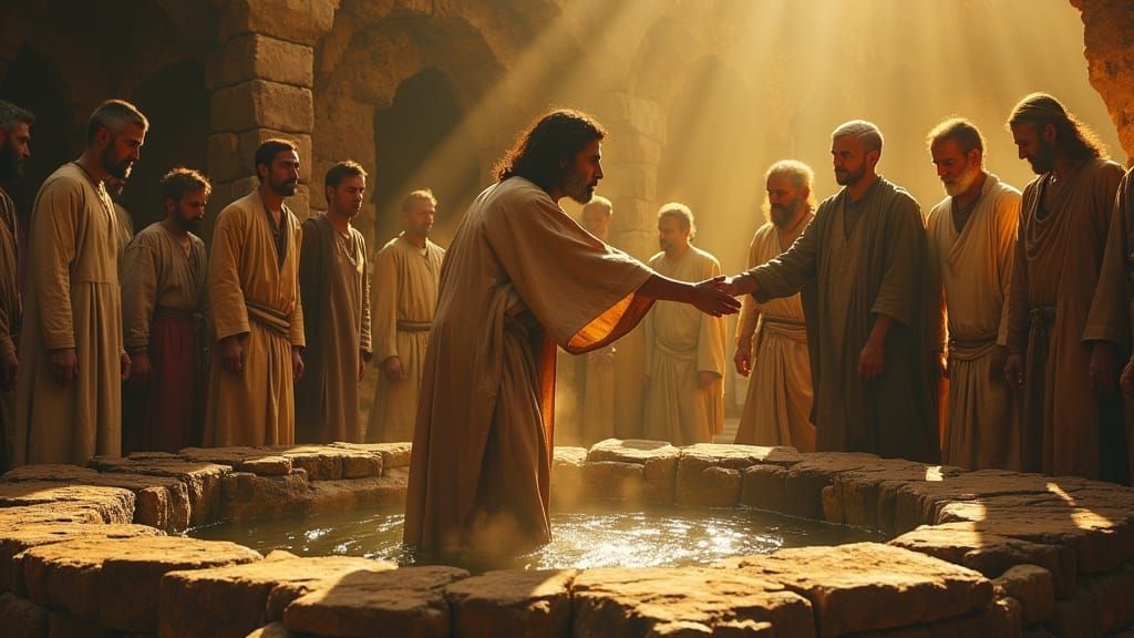 Biblical Scene: Empathetic Hands in Golden Light