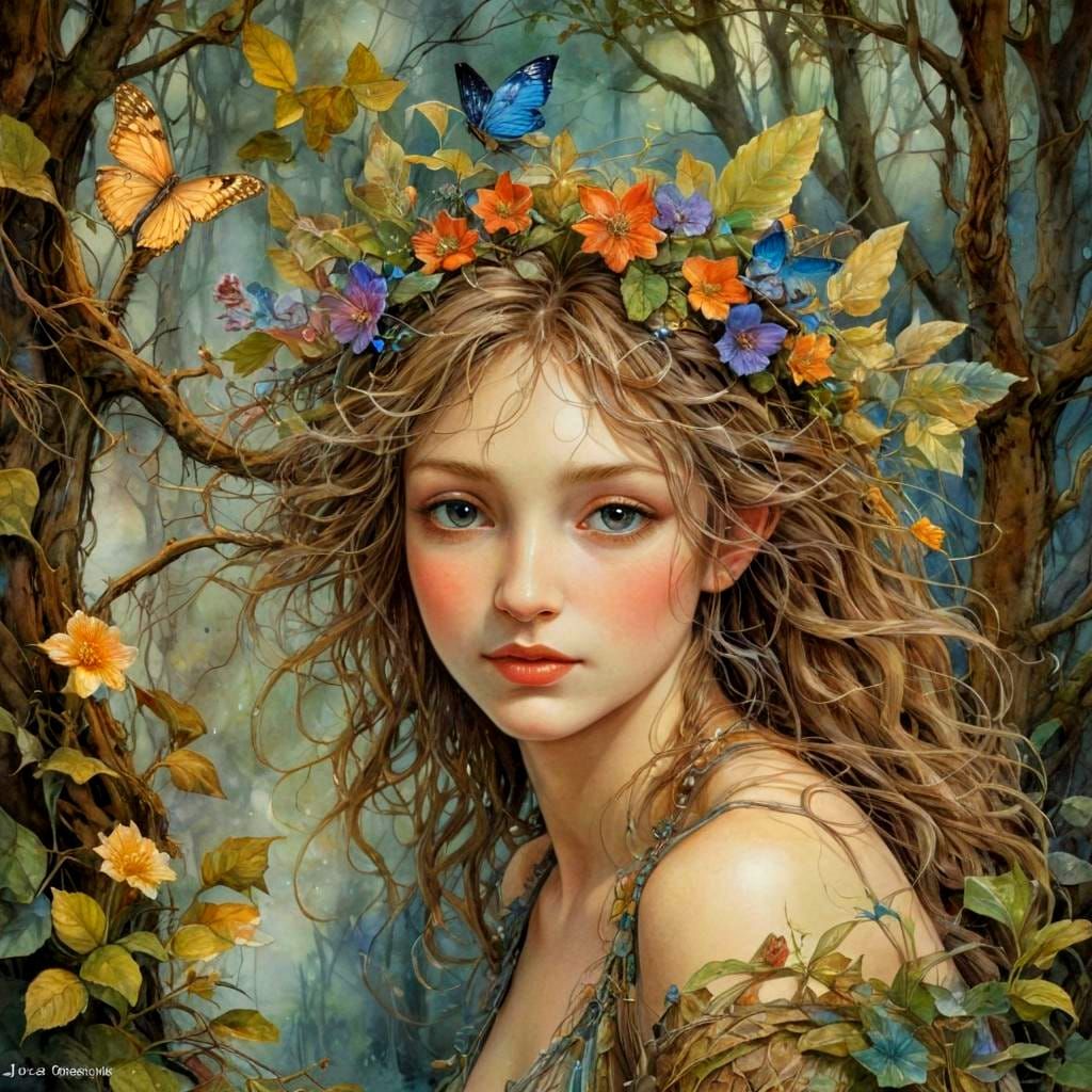 Enchanted Woman in Wildwood, Atmospheric Watercolor Art