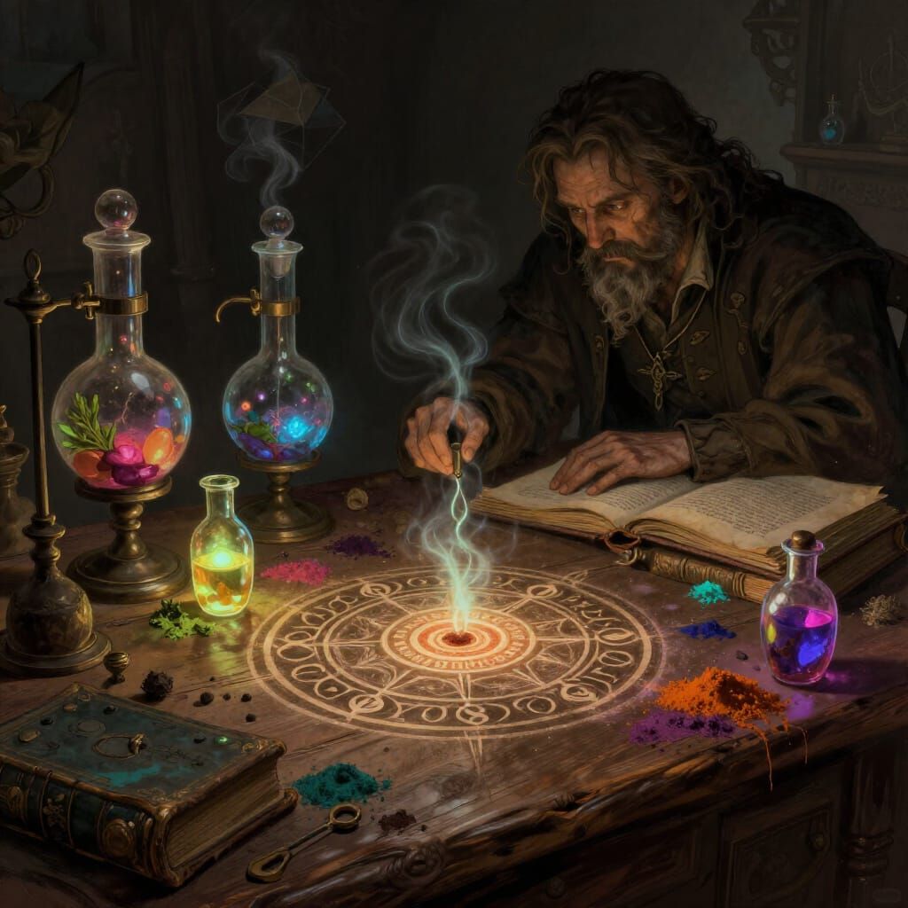 Alchemist's Workbench in Dark Fantasy Concept Art Style