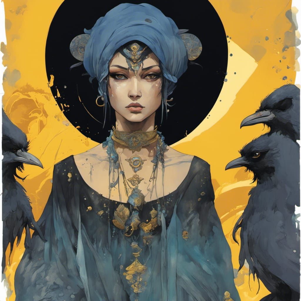 Raven Priestess: Art Nouveau Digital Painting