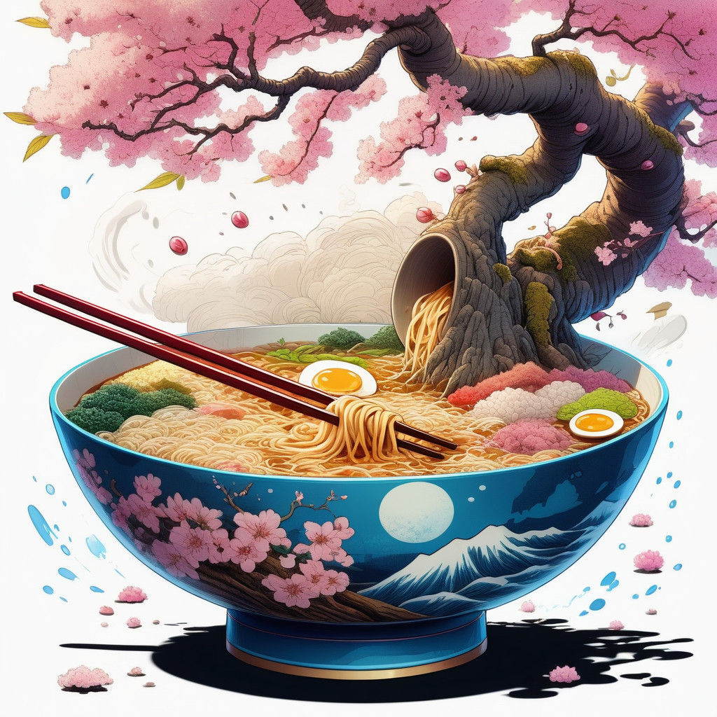 Fantasy Ramen Bowl Blossoms in Vibrant Japanese Art