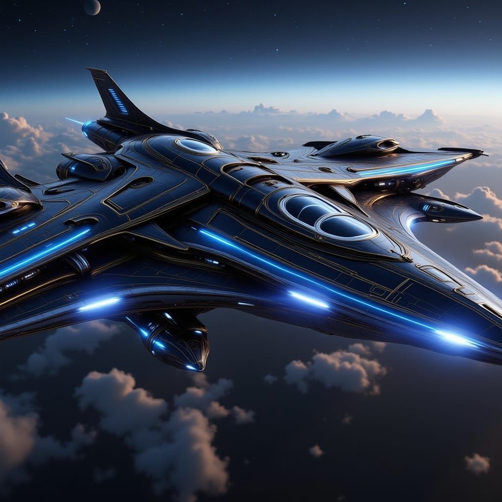 A sleek, lethal police spacecraft in streamlined blue and bl...