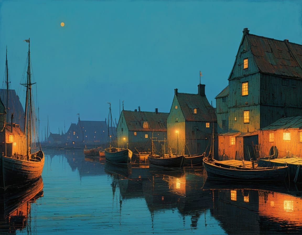 Danish Fishing Harbor at Sunset in Muted Colors