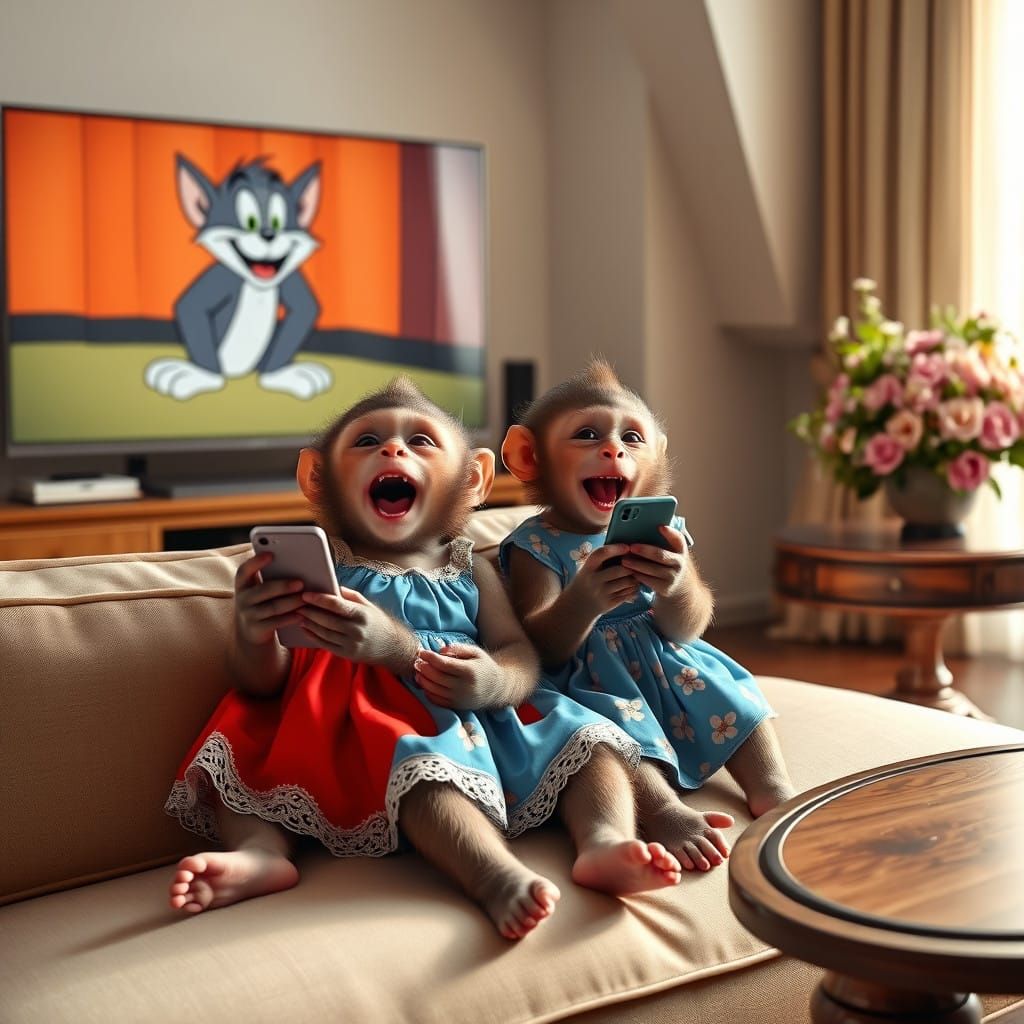 Adorable Baby Monkeys Enjoy Cartoon on Plush Couch with Smar...