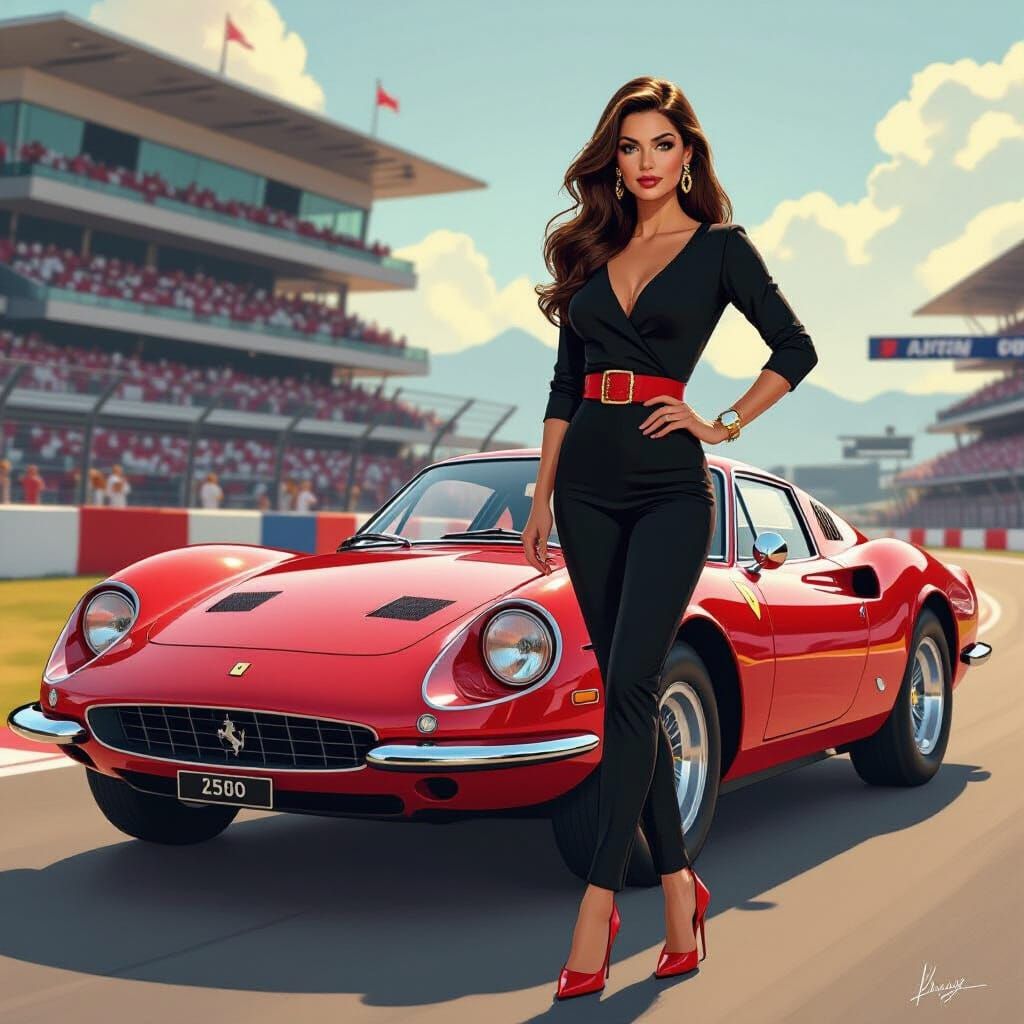Sophia Loren Inspired Woman with Ferrari, in Manara Style