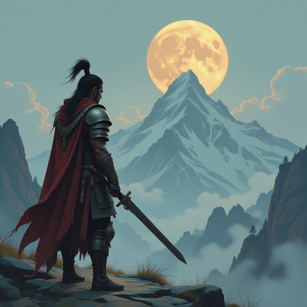 Stoic Warrior Guarding Sacred Mountain in Digital Art