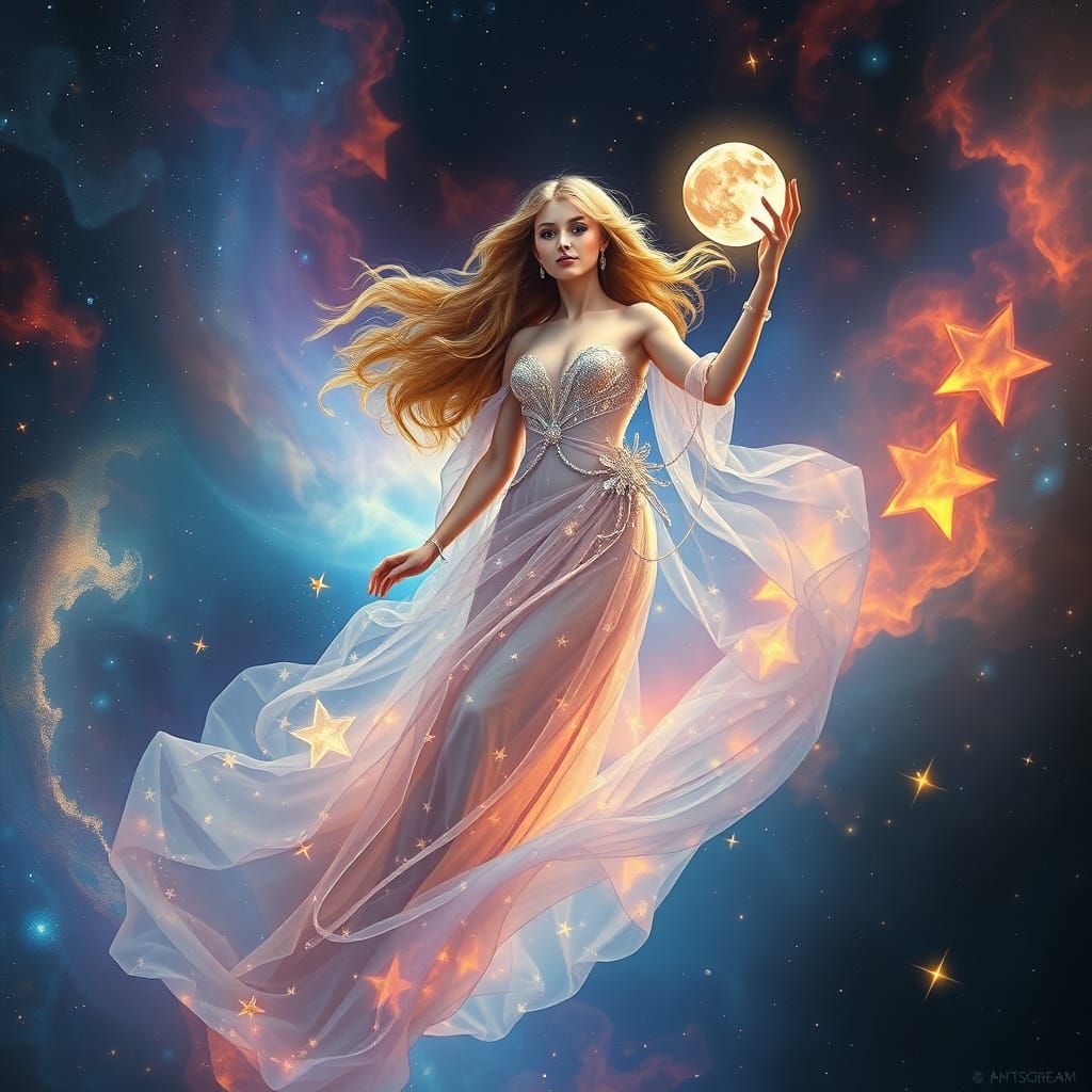 Surreal Goddess Adorns Vibrant Nebula with Starlight Gown an...
