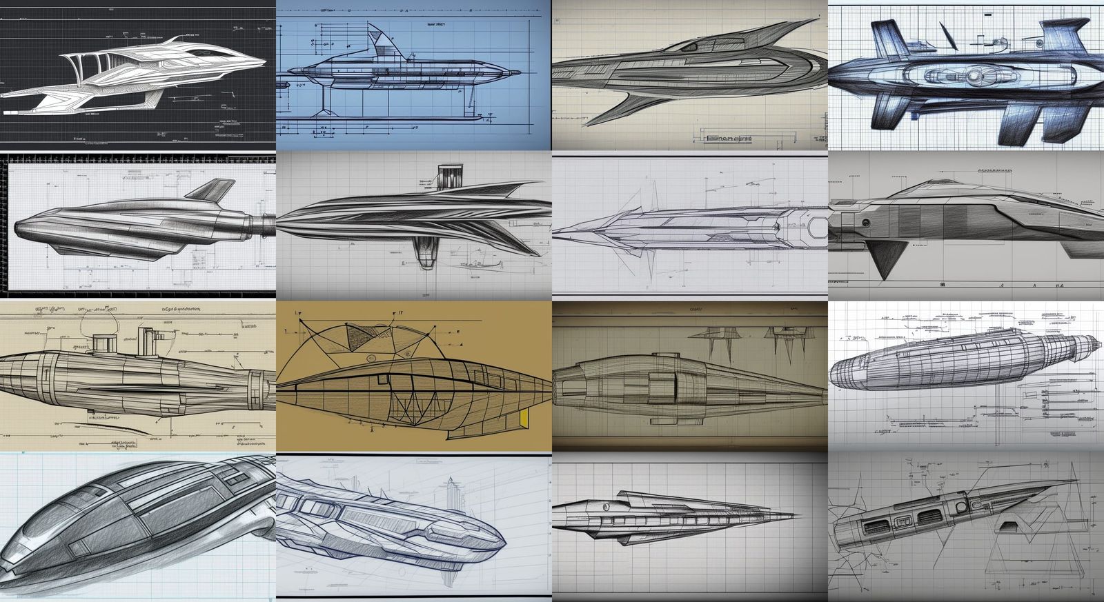 Spaceship Blueprint: Pencil Sketch Technical Drawing