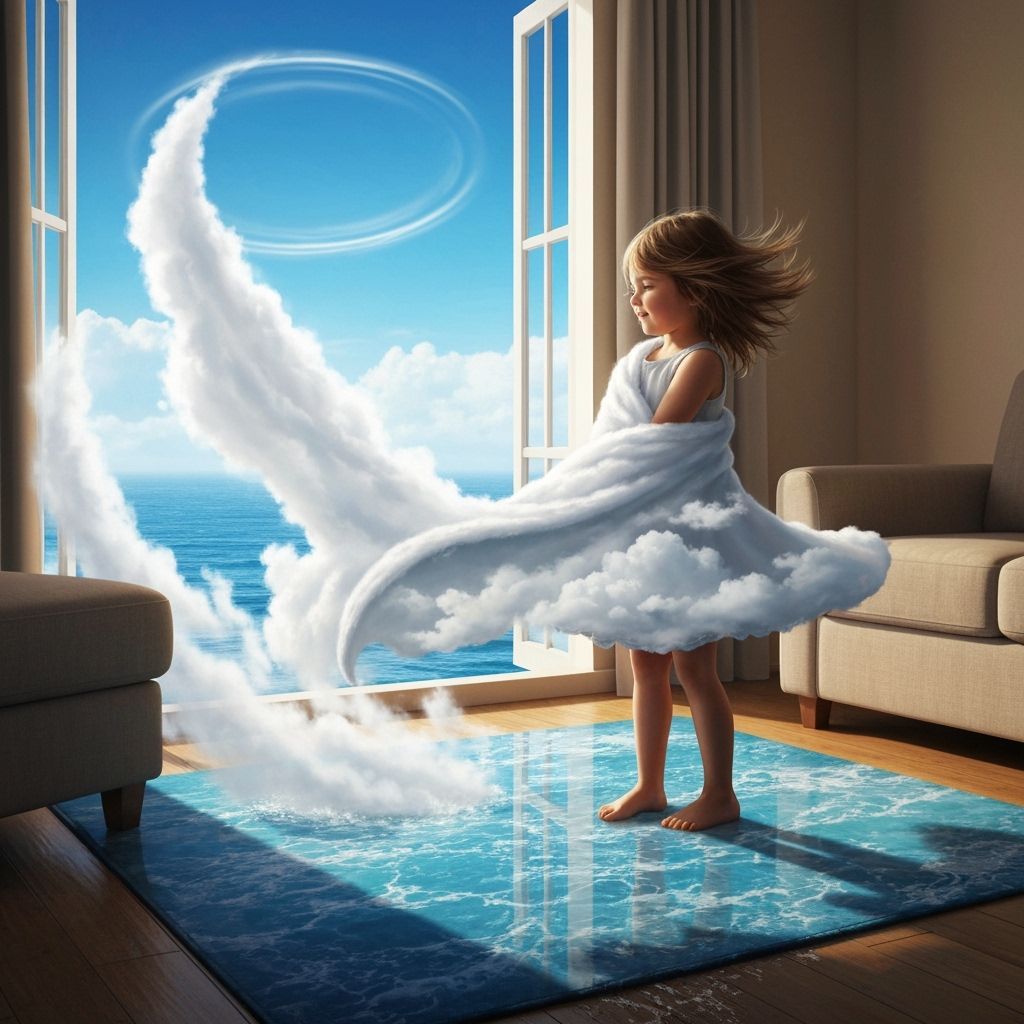 Toddler Twirling in a Cloud-Filled Living Room