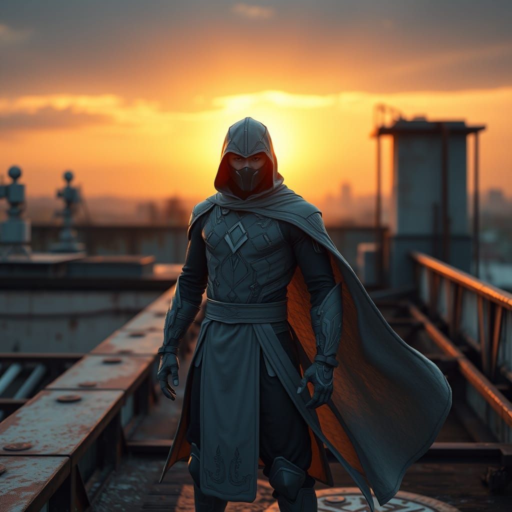Korean Superhero in Intricate Ninja Suit at Sunset
