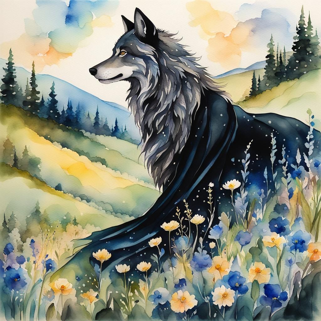 Wolf Princess in Mountain Meadow, Watercolor Illustration