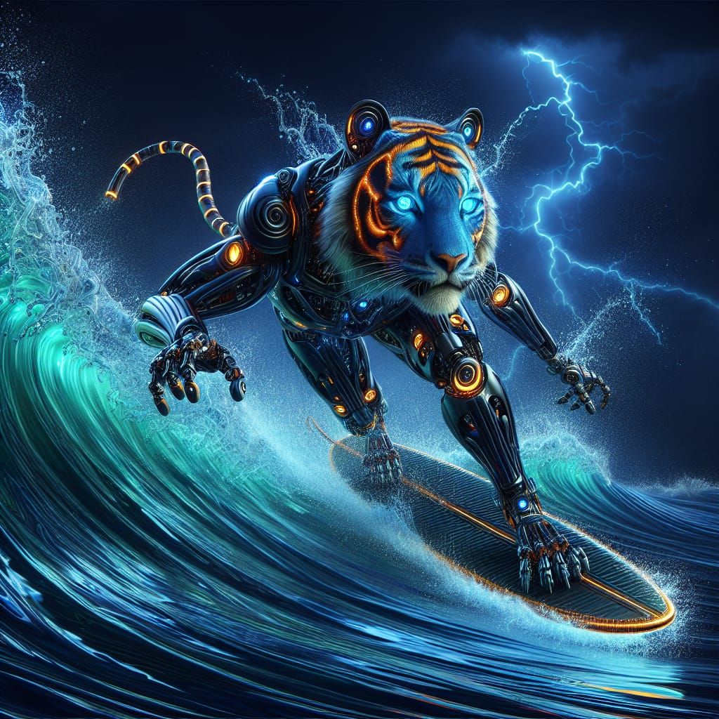 Cyborg Tiger Surfing Fluorescent Waves as Digital Painting
