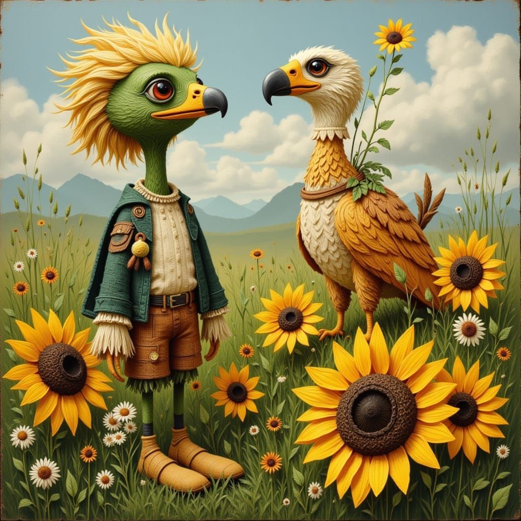Whimsical Sunflower Eagle Folkdream Illustration