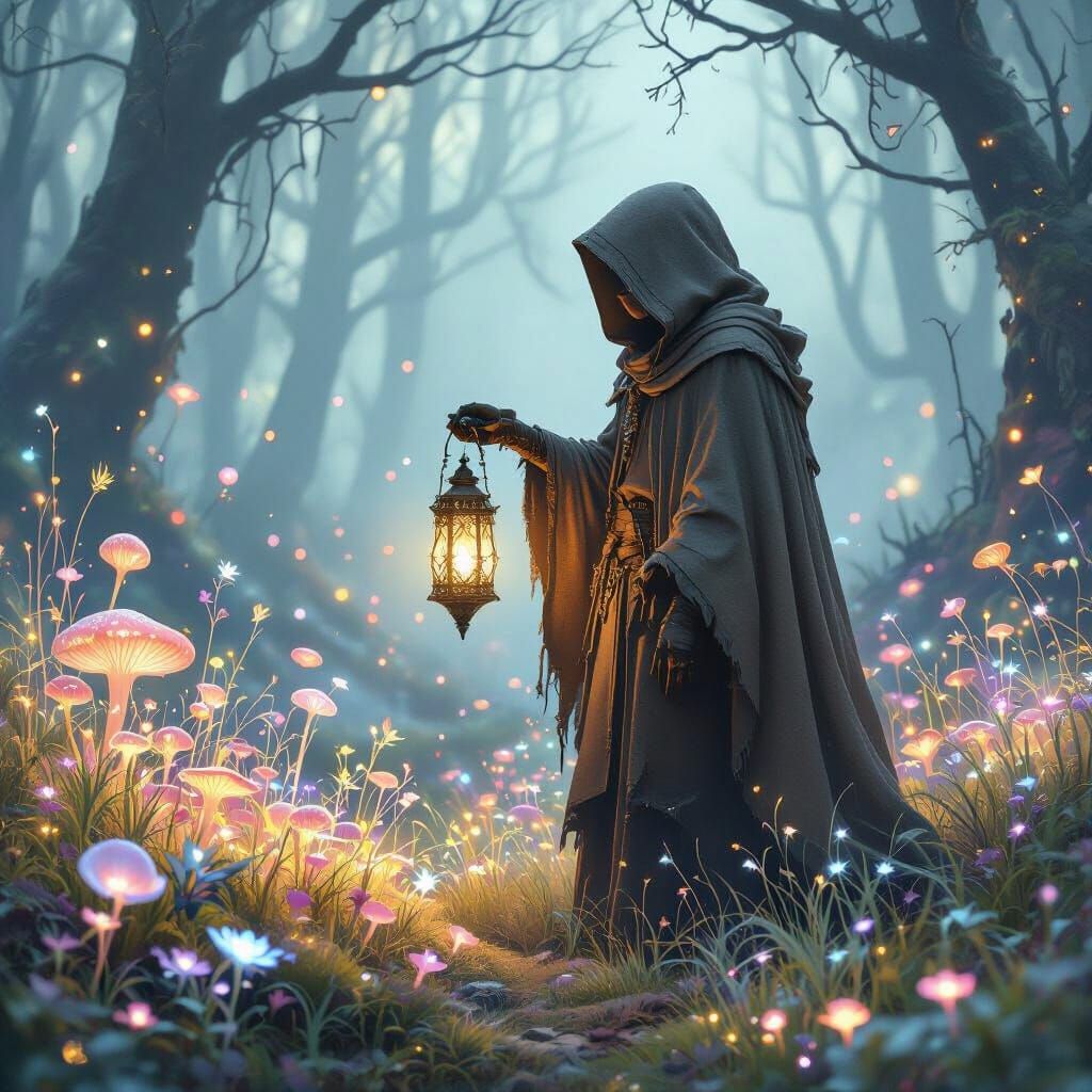 Bioluminescent Forest Guardian with Glowing Lantern