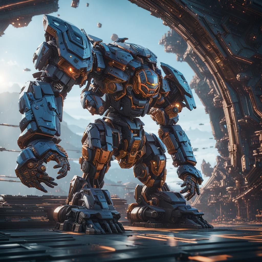 Futuristic Mech Warrior Unleashes Kamehameha in Sci-Fi Scene