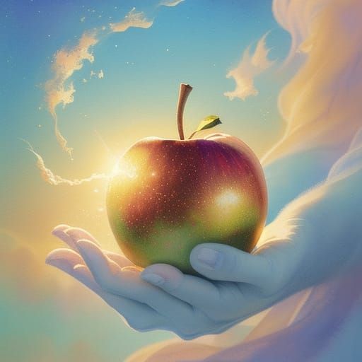 Ethereal Watercolor of Golden Apple in Celestial Glow