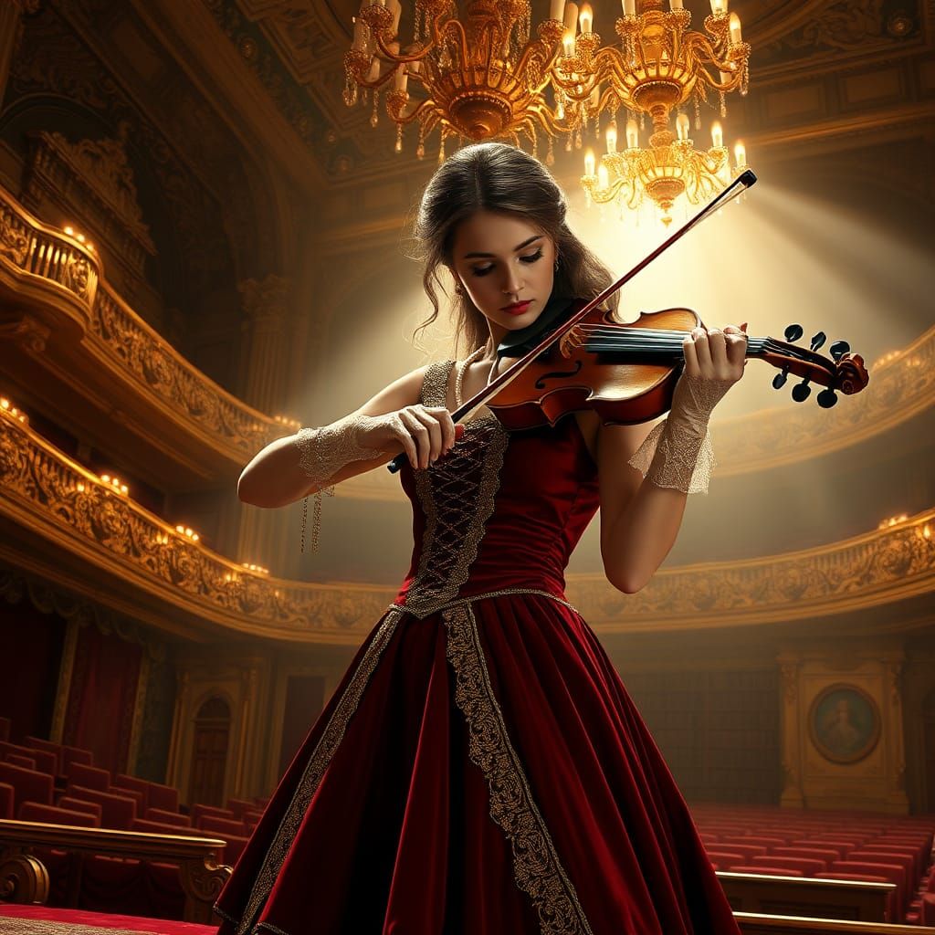 Baroque Violinist on Ornate Stage, Digital Painting