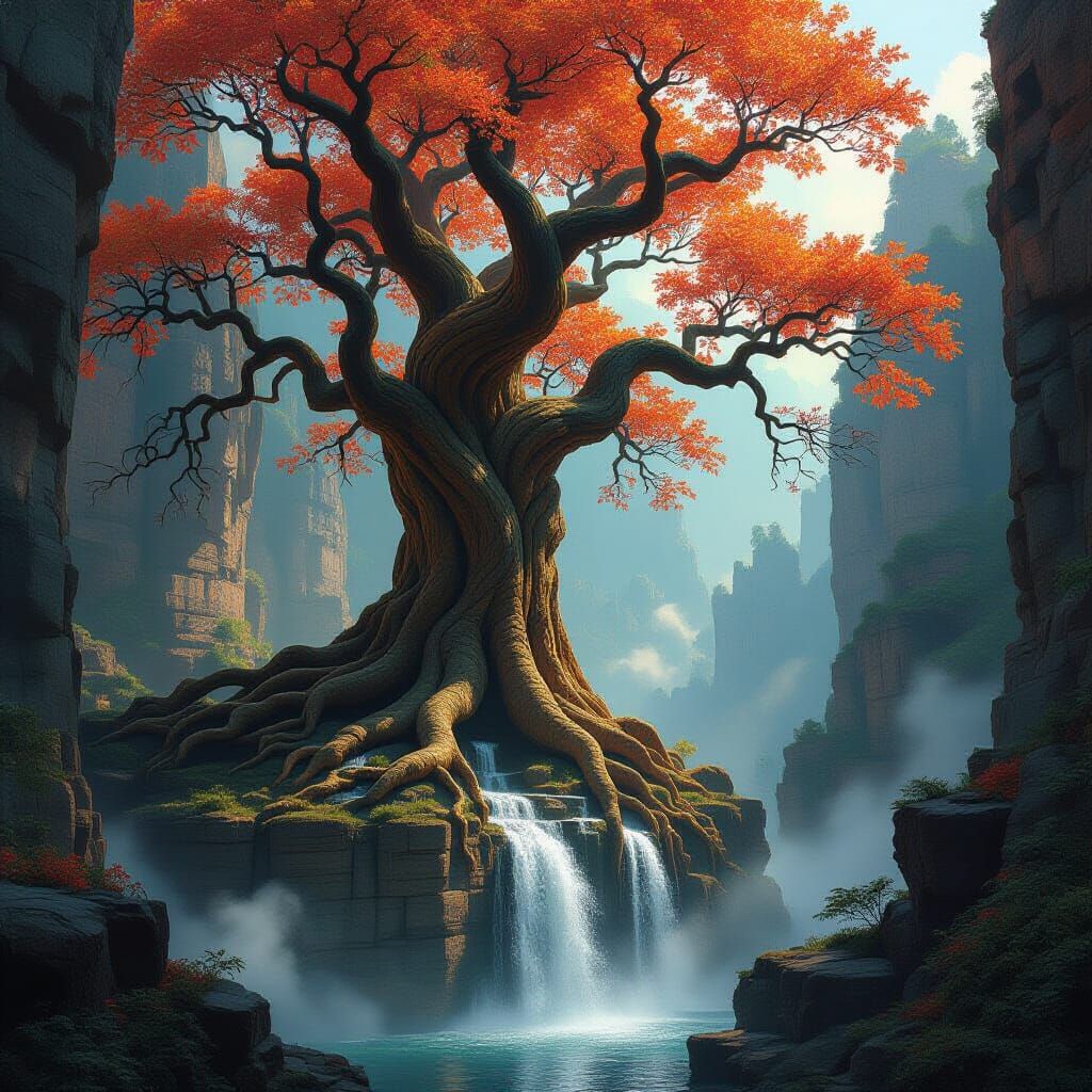 Ancient Tree Waterfall in Sun-Dappled Canyon Landscape