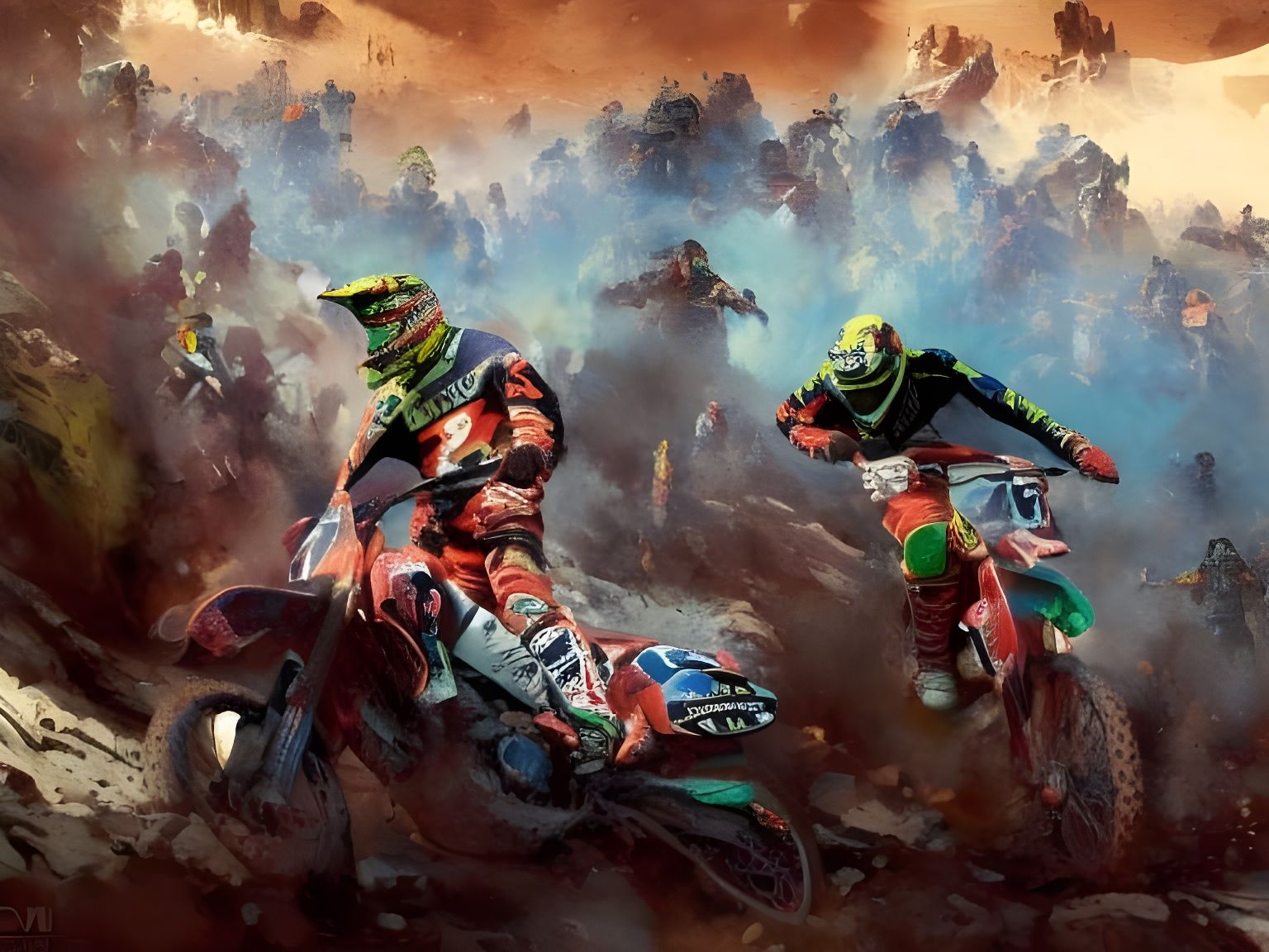 Epic Motocross Race Through Mountains in Expressionist Style